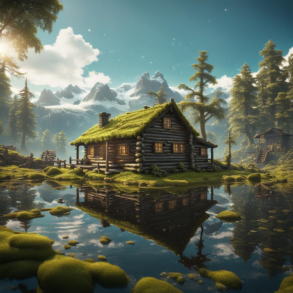 Log cabins flooded in a lake with moss everywhere ultra real...