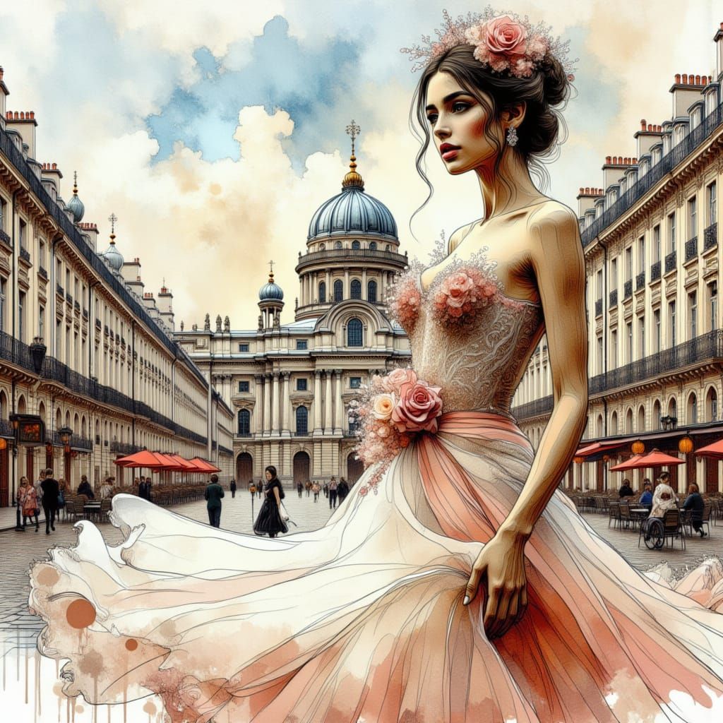 Ballerina in front of the Opera of Vienna, in the summer - line art! <lora:Beauty-Architecture:1.0>