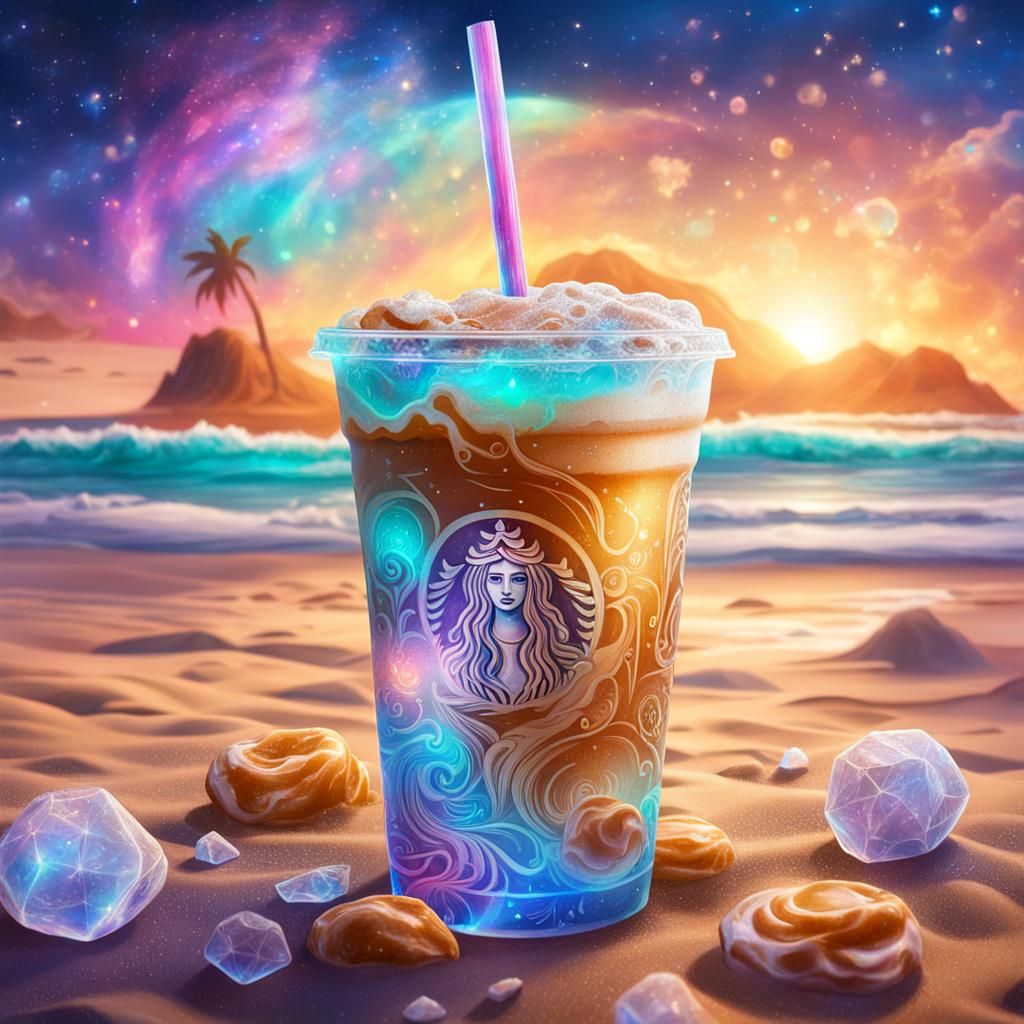 Iced caramel latte on the beach