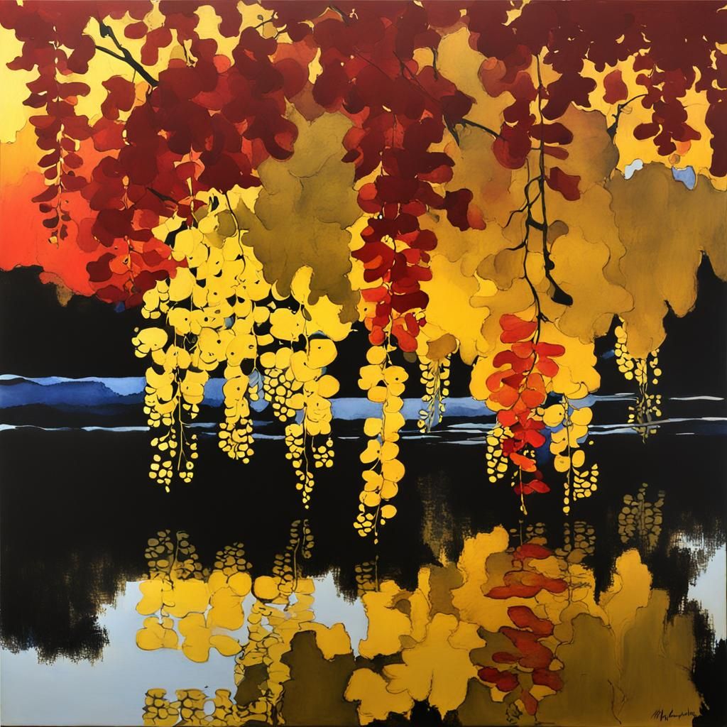 Yellow Wisteria and Red Maple