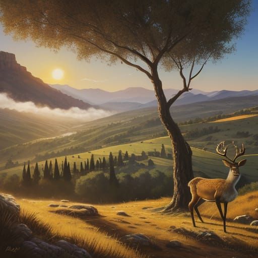 Deer in Galilee Mountains: Vibrant Oil Painting
