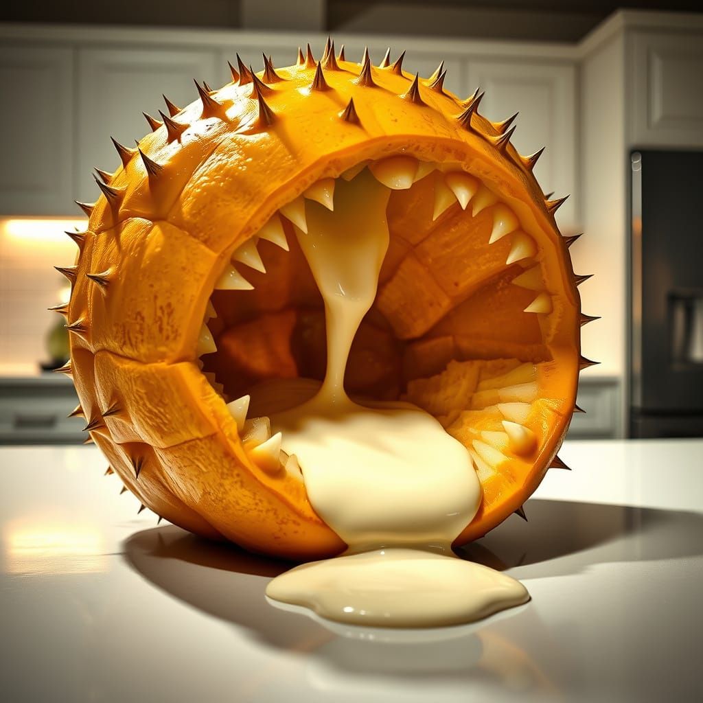 A giant mango with a wide-open mouth with spikey teeth on someone's kitchen counter. White sauce is spilling out of its mouth. Hyperrealisti...