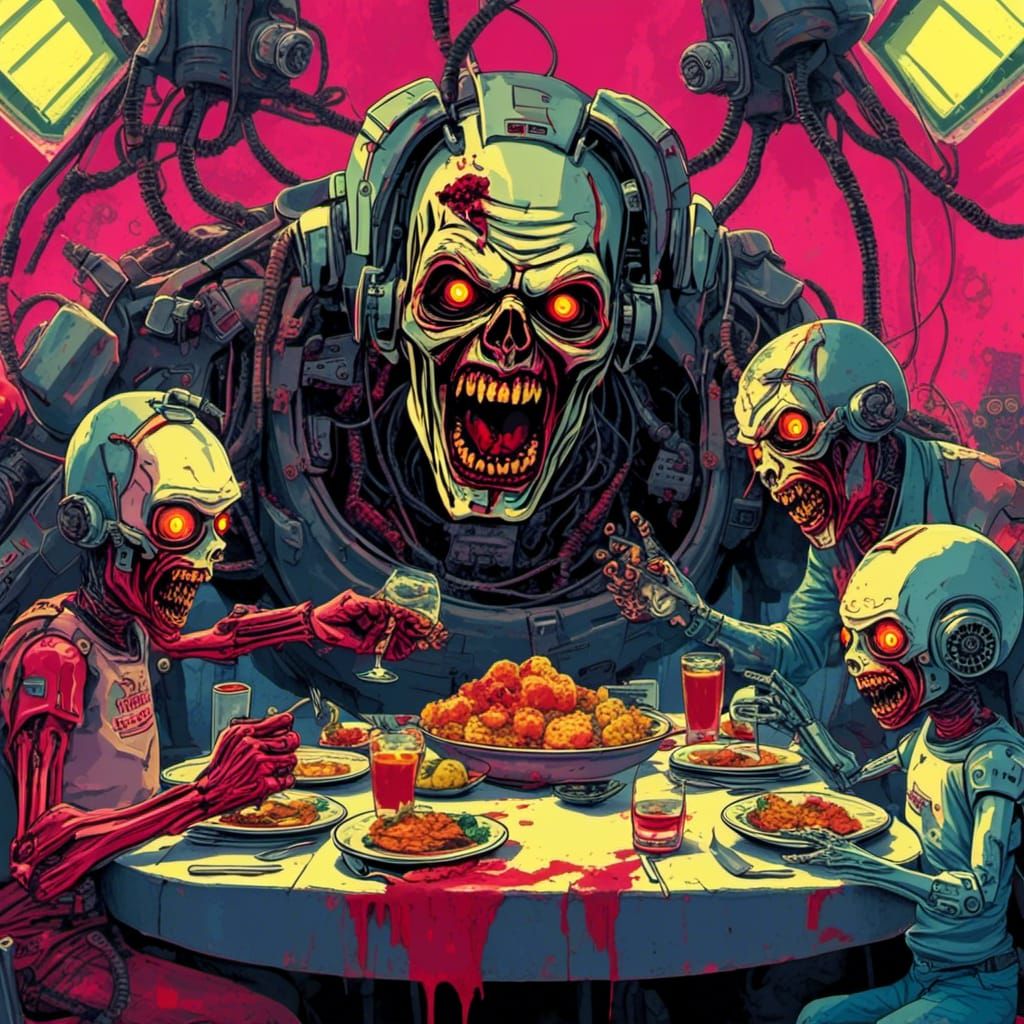 a Family of Techno Zombies eating dinner<lora:Techno Zombies:1.0> 