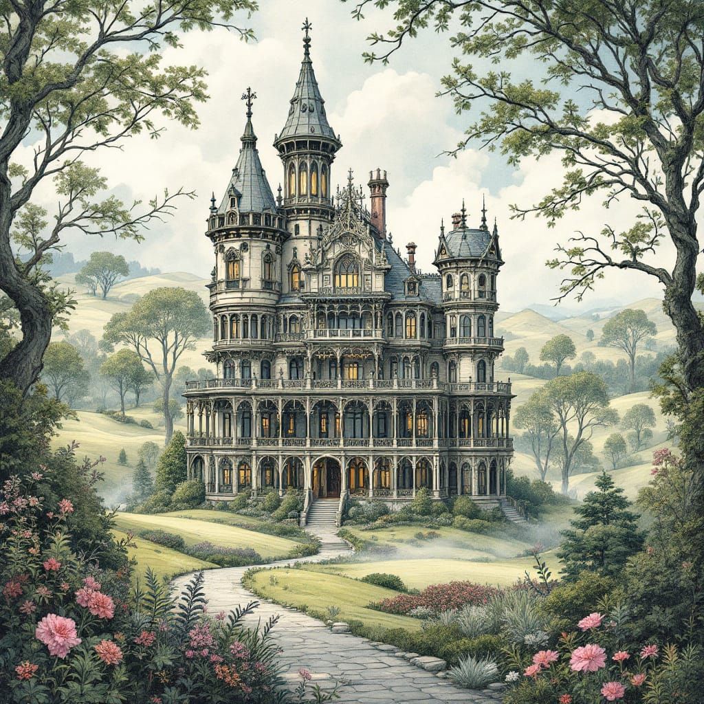 Extremely beautiful Victorian mansion, Surreal mixed-media c...