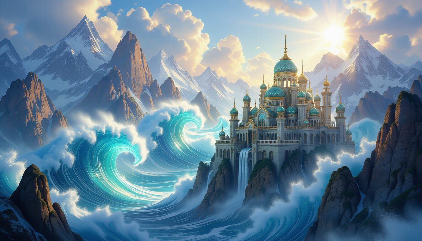A breathtaking, hyperdetailed aerial fantasy illustration of a surreal, vibrant landscape with serene palace, crashing waves and high mountains. - Start Image 2