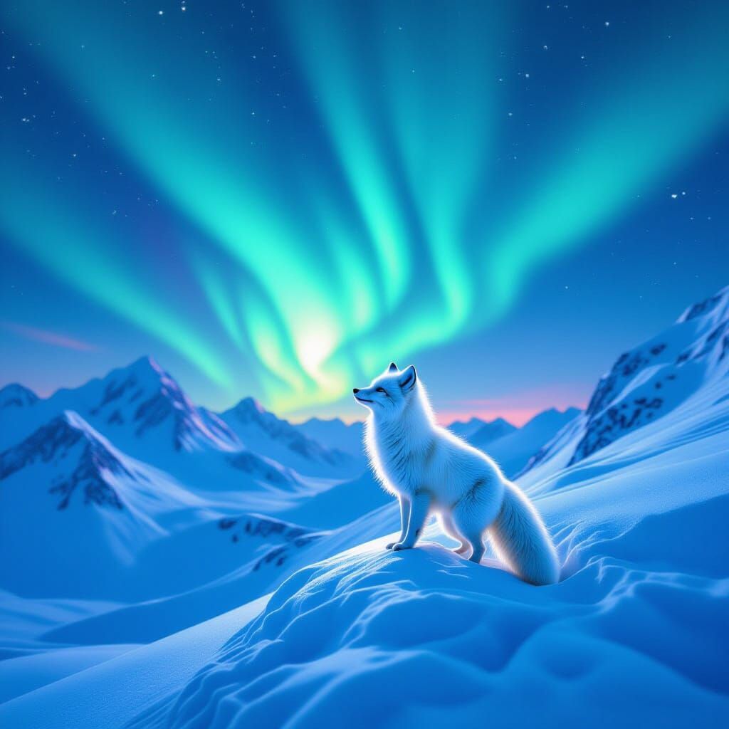 Arctic Fox Climbs Snowy Mountain Under Aurora Borealis
