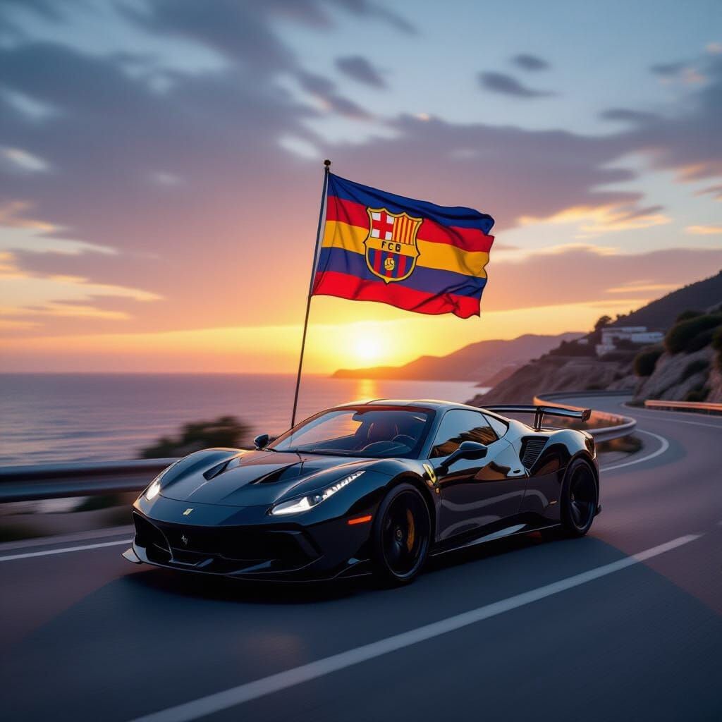 Sports Car Flies Barcelona Flag in Cinematic Style