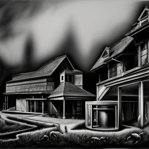 charcoal sketch in black and white, creepy old abandoned mot...