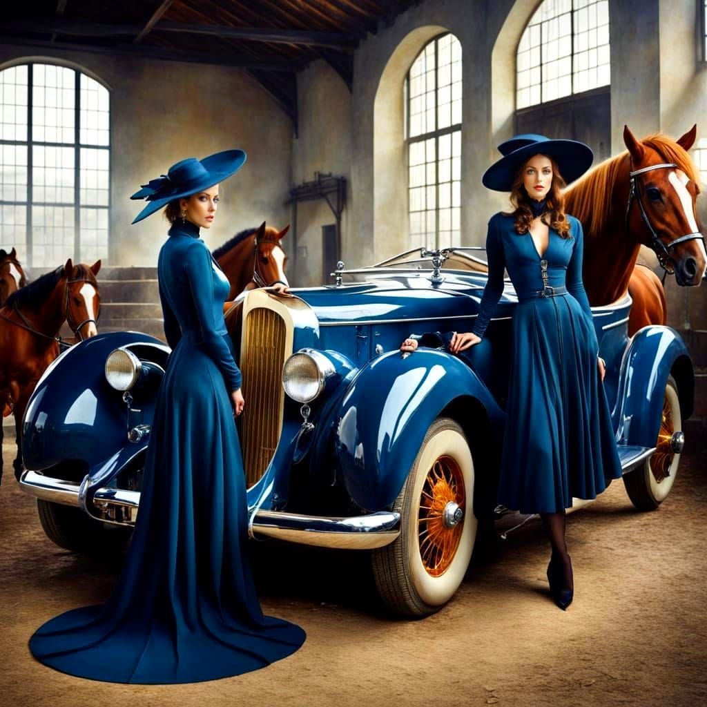 Medieval Ladies in Surreal Automotive Scene