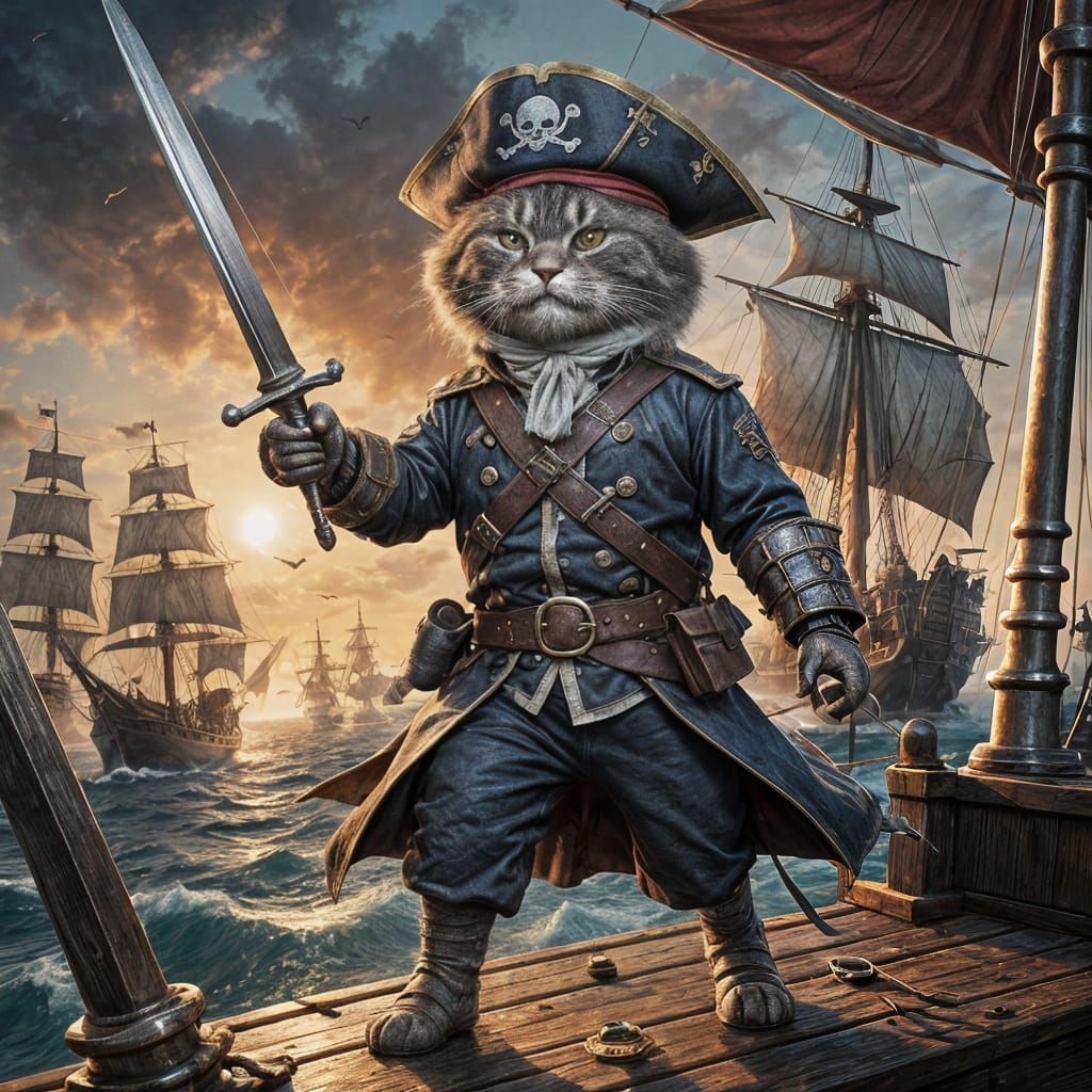 Pirate Cat Leads Charge as Digital Painting