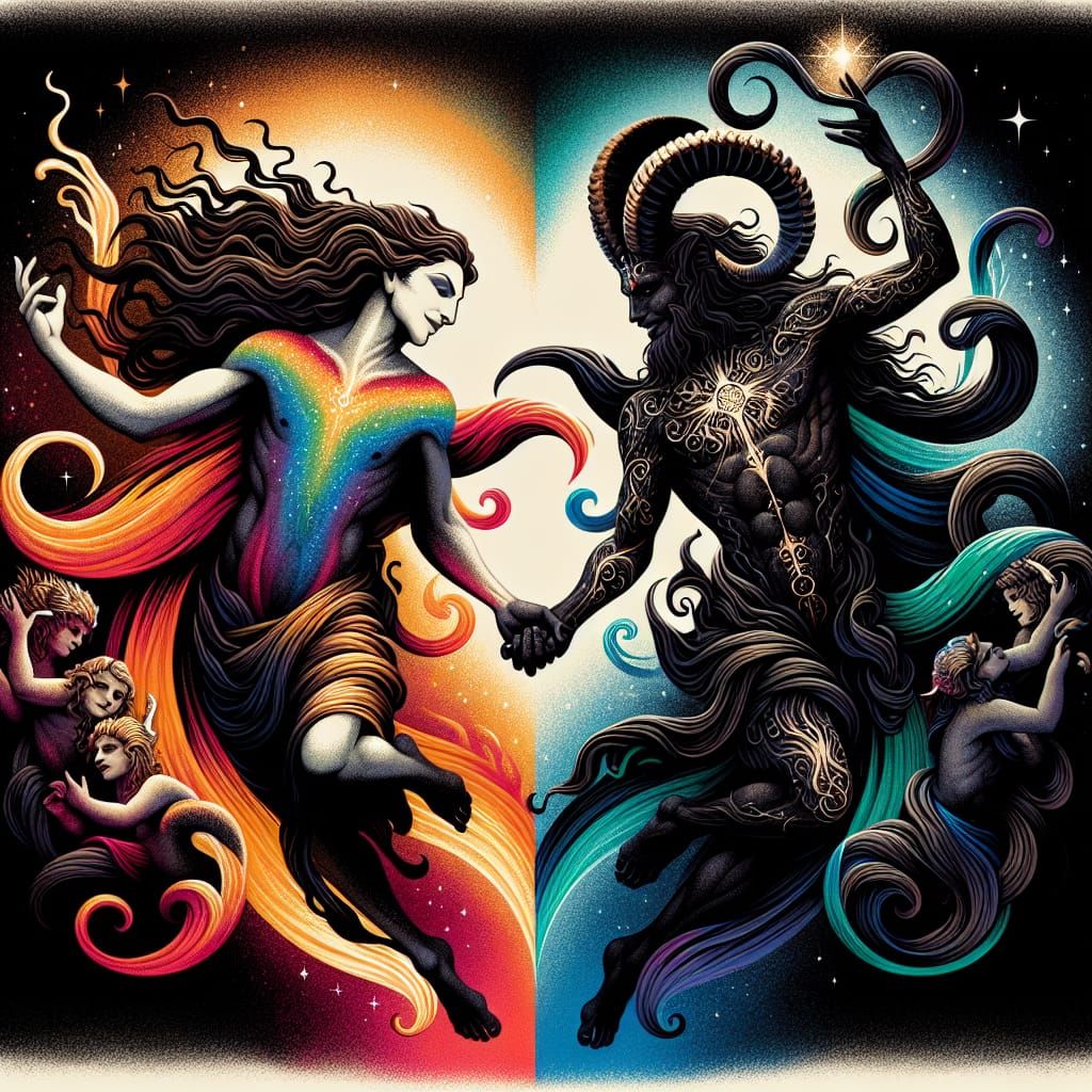 Mythical Beings Embrace in Rainbow Aura