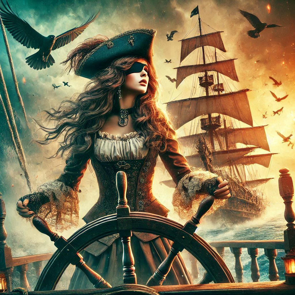 Pirate woman steering ship