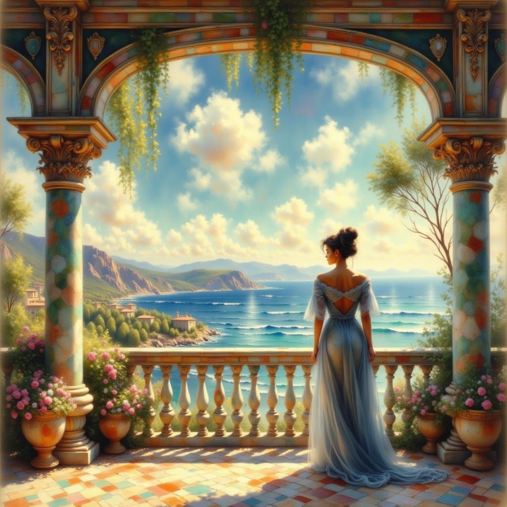 <lora:Ethereal Impressions:1.0> hyper detailed intricate hyper realistic Grecian balcony decorated with an ocean view
