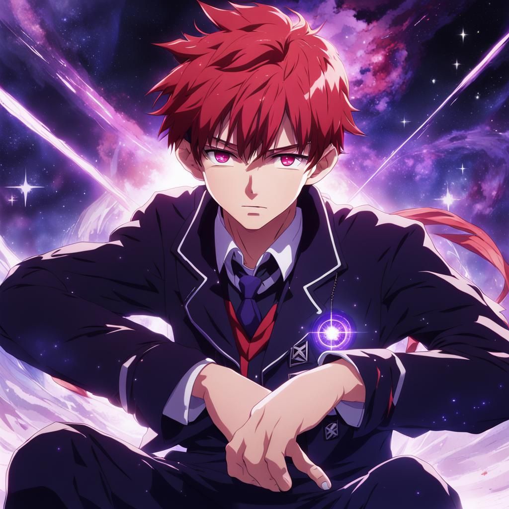 Student boy with scarlet red hair, purple stary eyes, dark b...