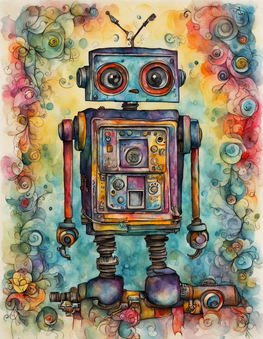 Whimsical Retro Robot Masterpiece in Vibrant Acrylic Colors