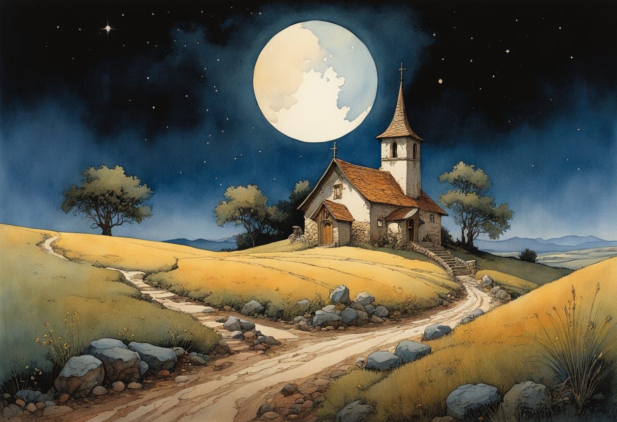 Arizona Night Village in Storybook Illustration Style