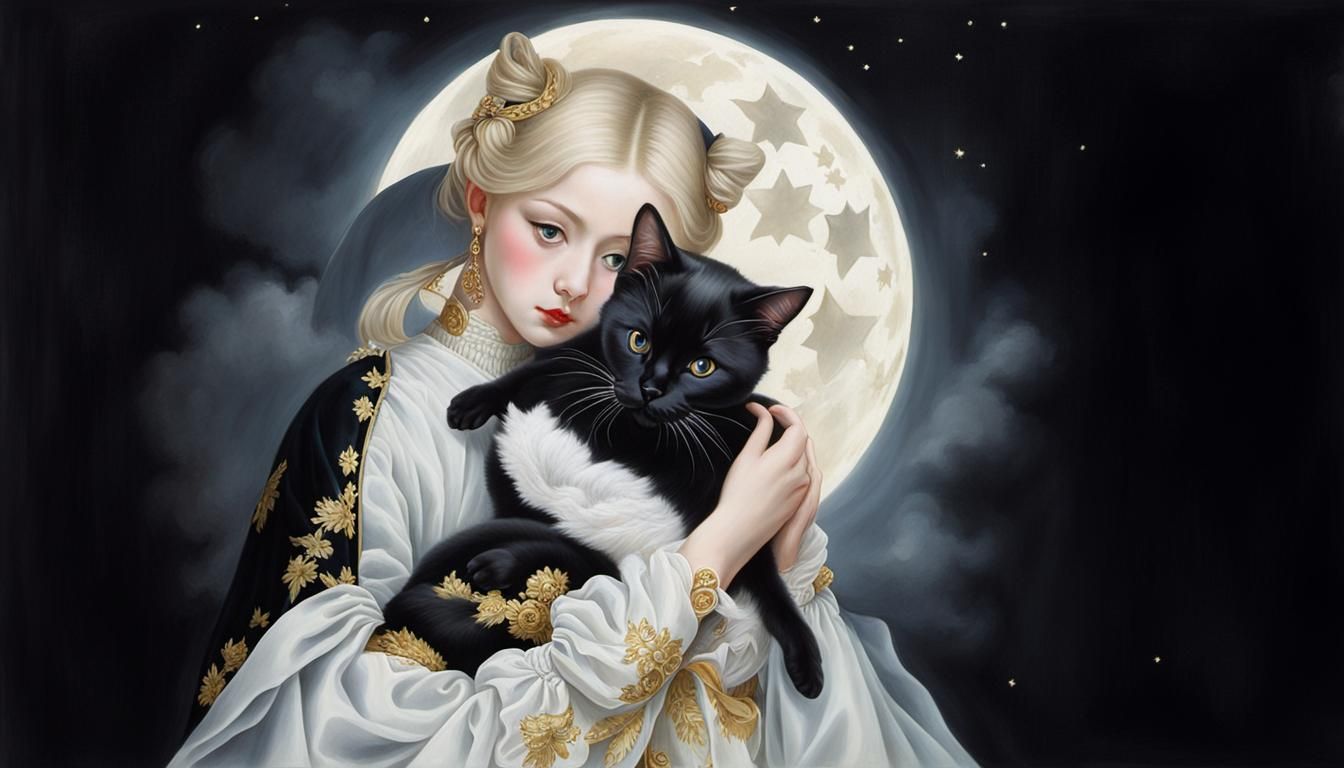 Image: A pretty young woman in a baroque dress with a cat. (...