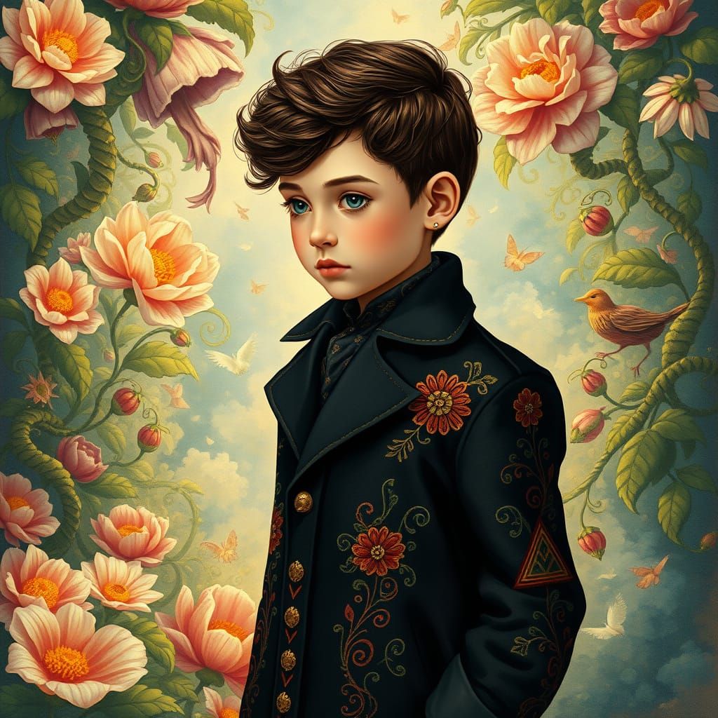 A Young Boy Amidst Whimsical Blooms and Ethereal Creatures