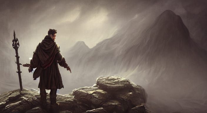 Mysterious Traveler in Dark Fantasy Landscape