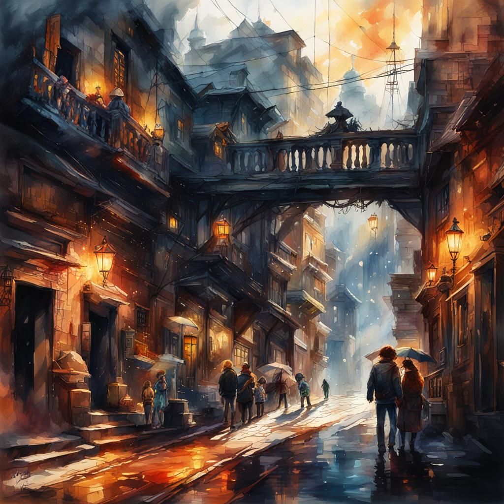 Dark & Moody Watercolor Art - Alley  by @aLeX jBc