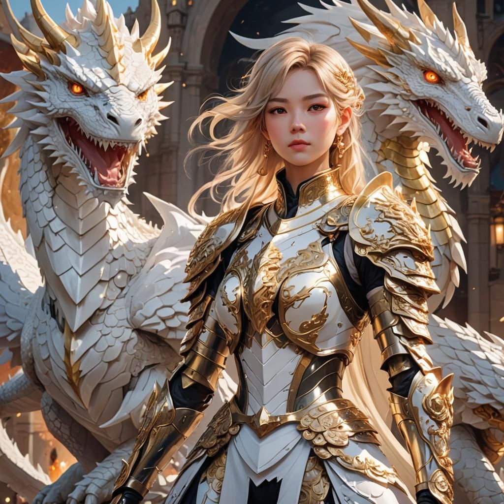 Anime Woman with Dragon in Ornate Armor