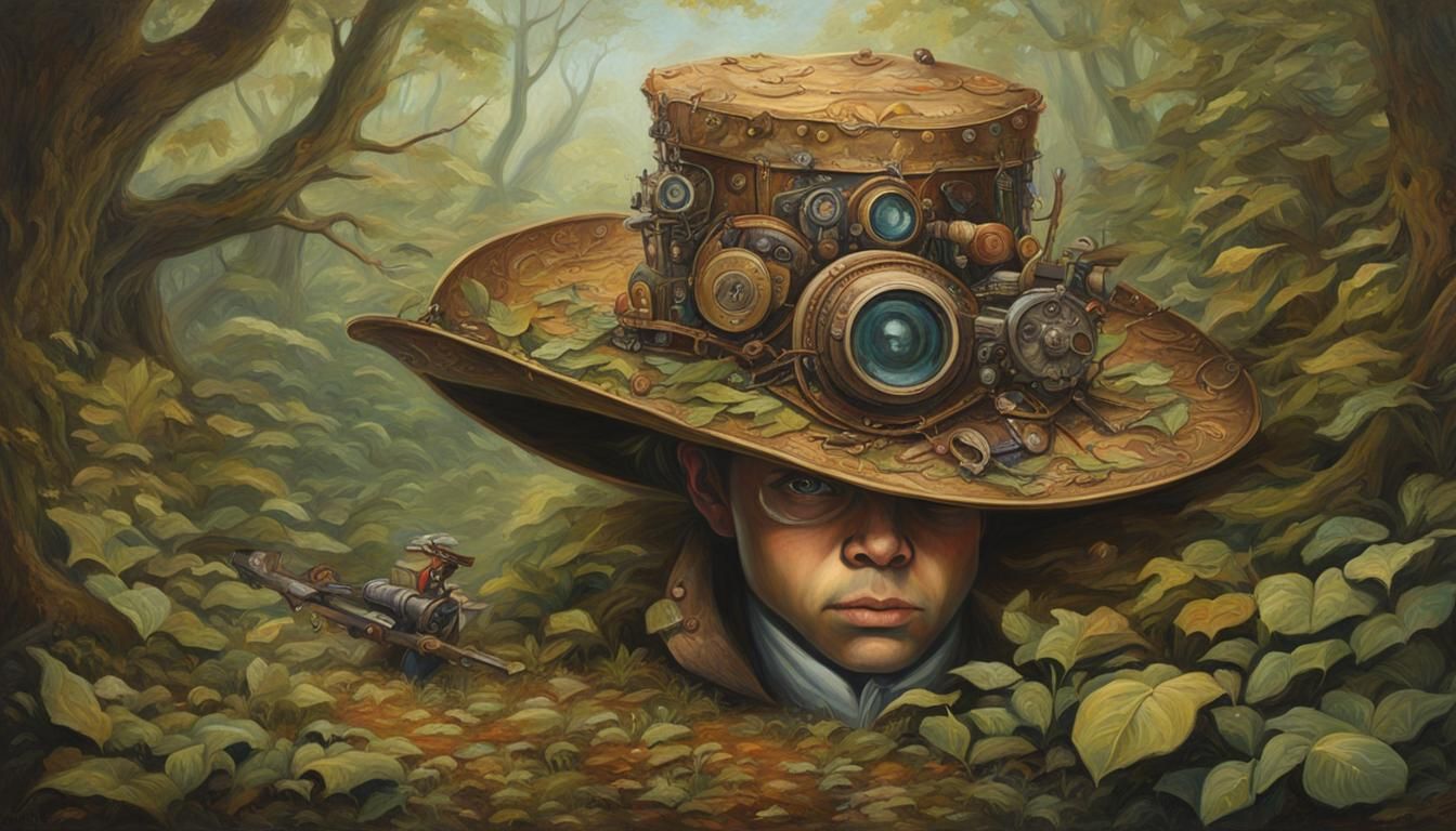 Steampunk Man Peeking from Hat, Oil Painting