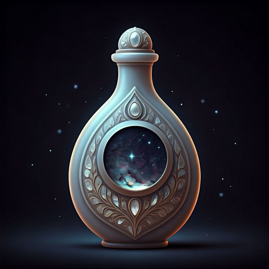 "An alabaster bottle with a moon sigil and mother-of-pearl inlay. The fluid within glows faintly under starlight."



