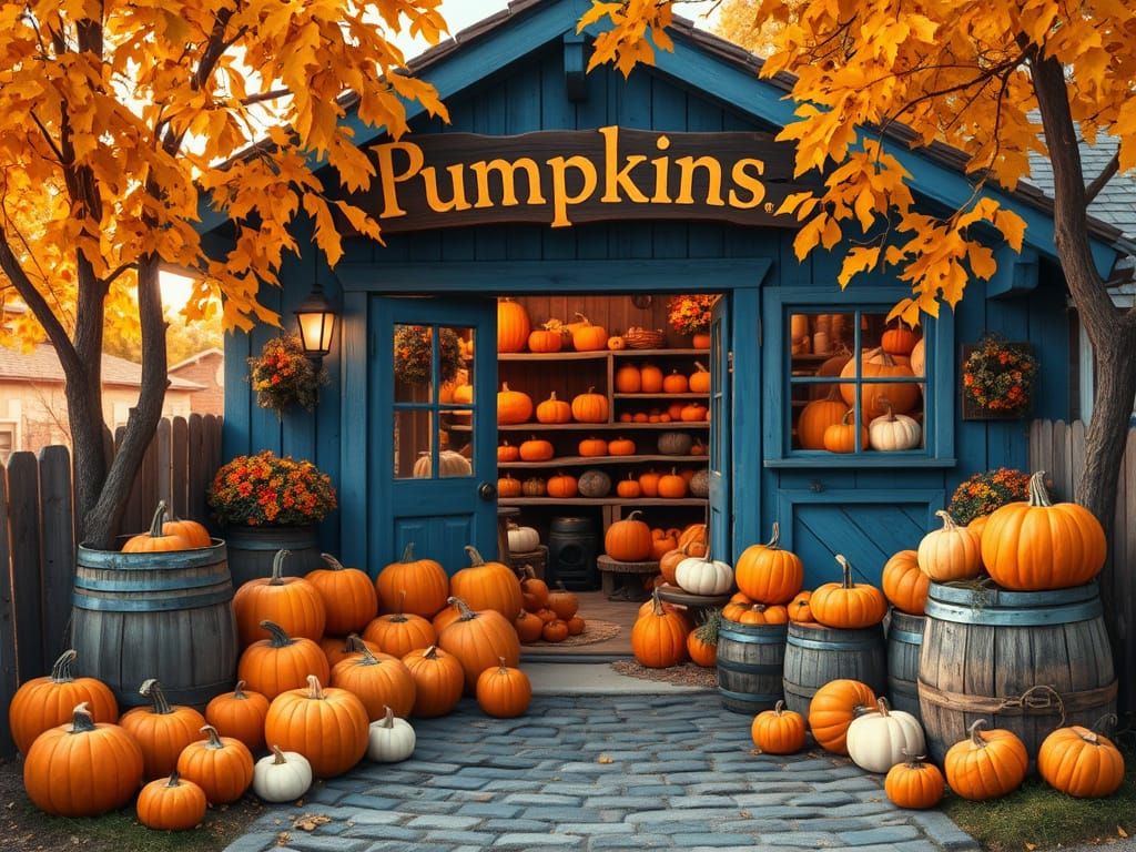 Quaint Pumpkin Shop in Autumn, Folk Art Style