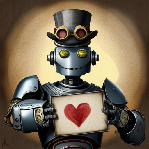 Steampunk Robot Holding A Sign, Sign Reads 