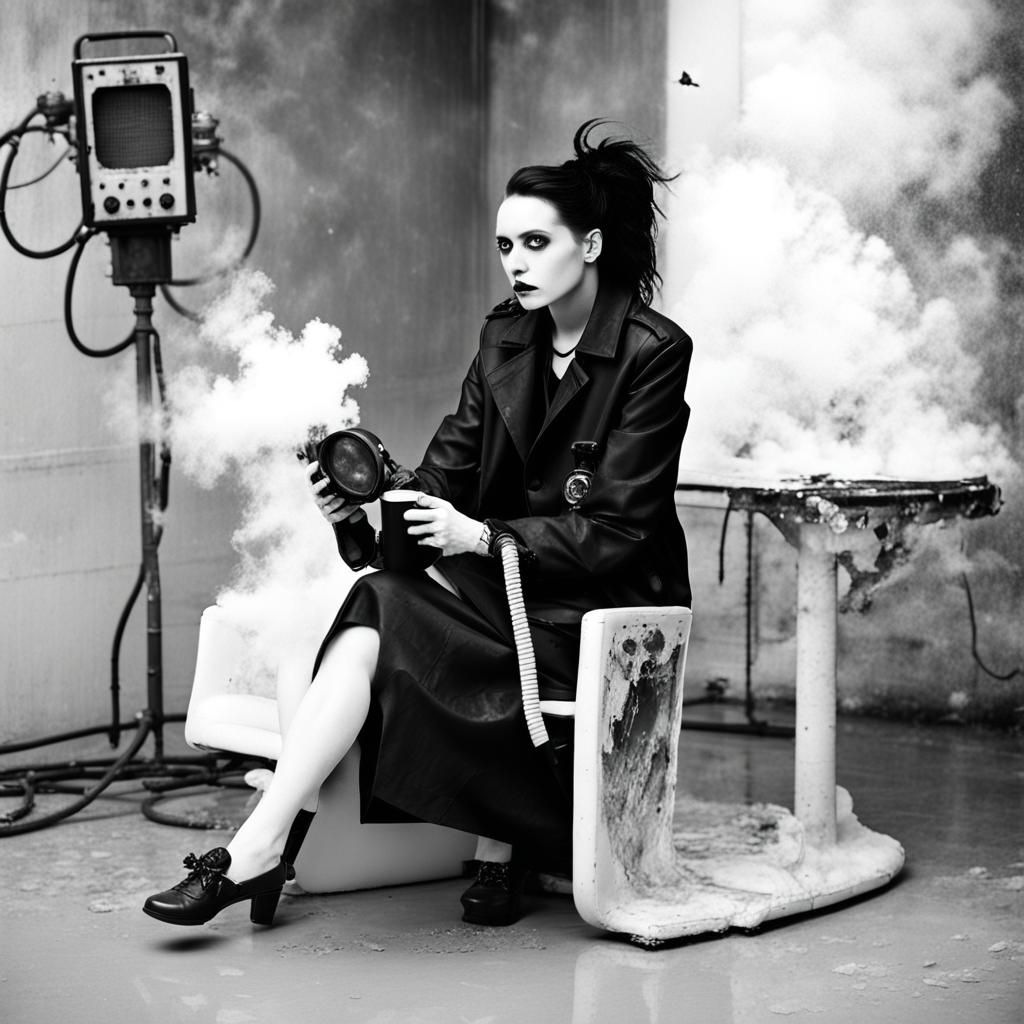 fog. giant oscilloscope. corroded steel pipes. rain. female ...
