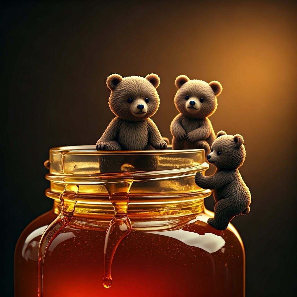 Miniature Bears Climb Honey Jar: Hyper-Realistic 3D Art