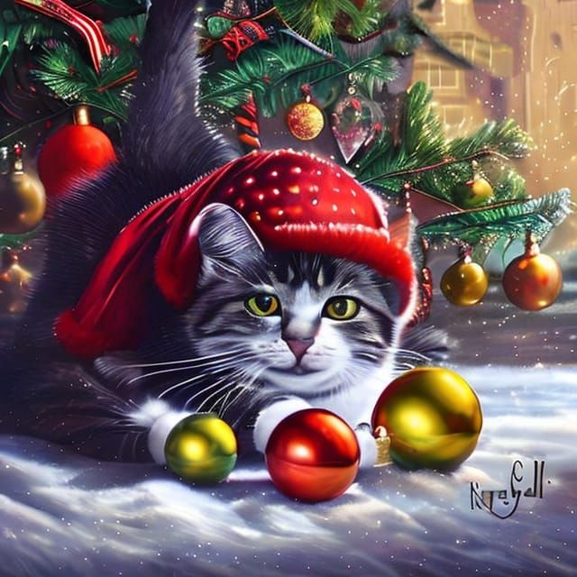 Cat playing with Christmas balls