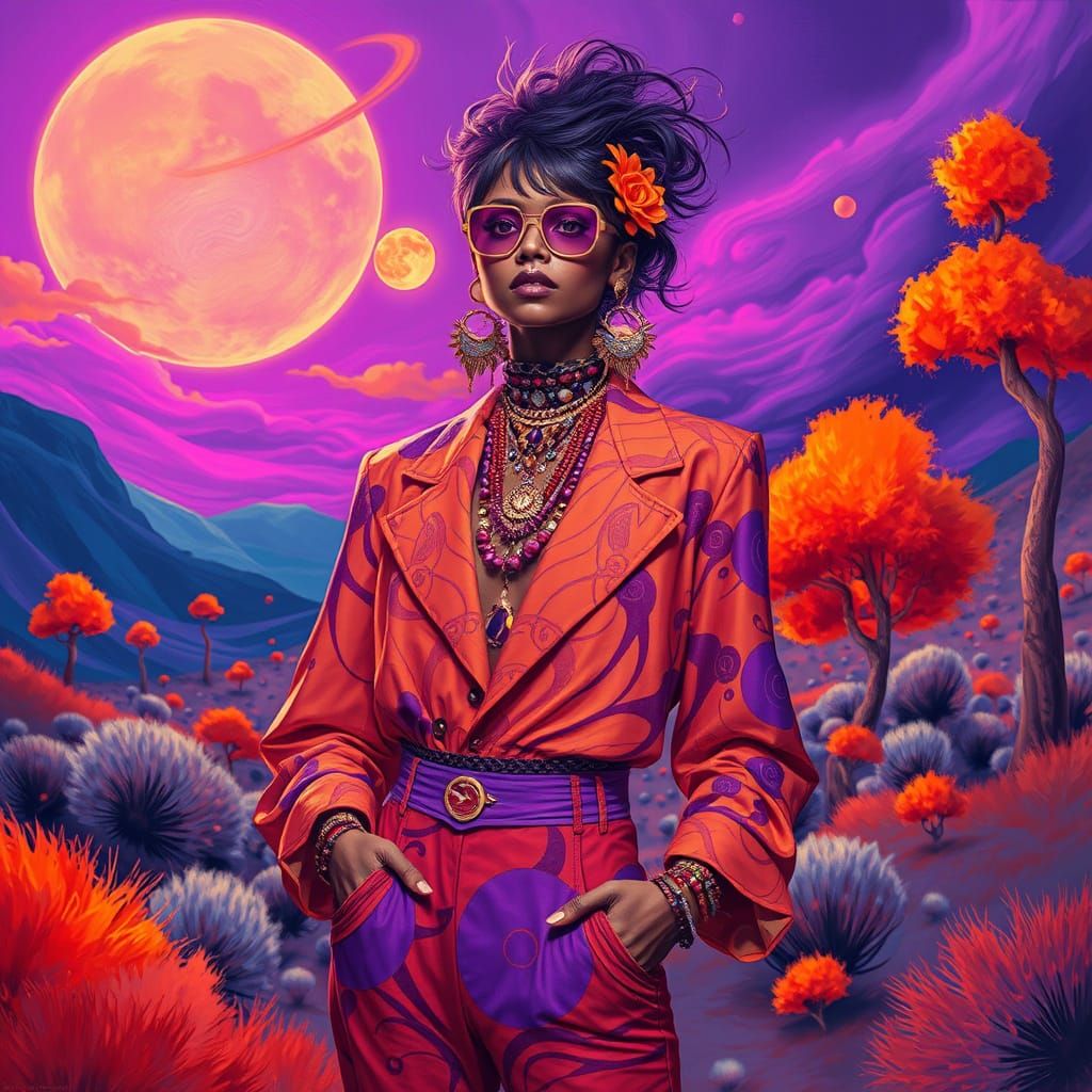 Vibrant Fashionista in Surreal Dreamscape