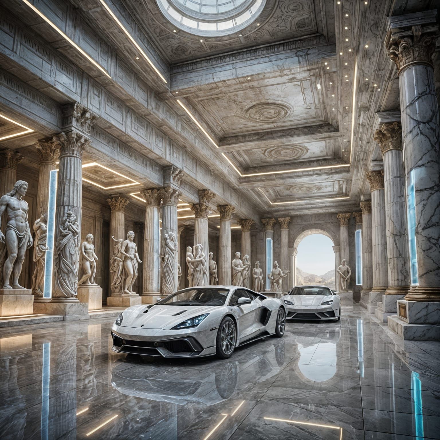 A futuristic garage set in an ancient Greek temple, housing supercars alongside classical statues. Marble ...  by @KomBib