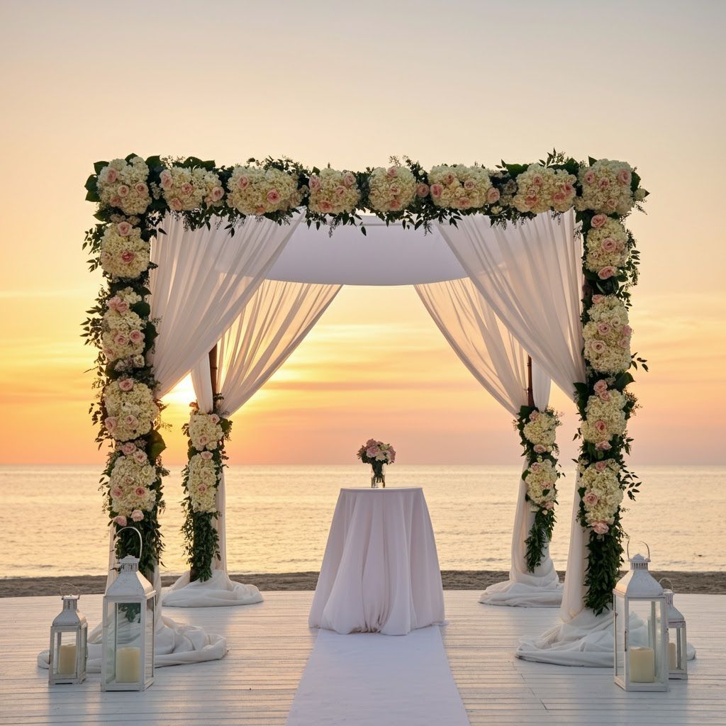 Romantic Sunset Wedding Chuppah in Impressionist Style