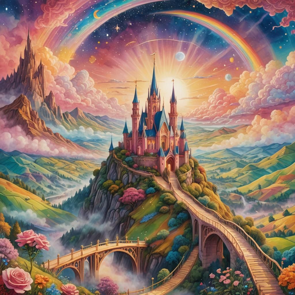 Astral Kingdom with Rainbow Bridge, Mixed Media