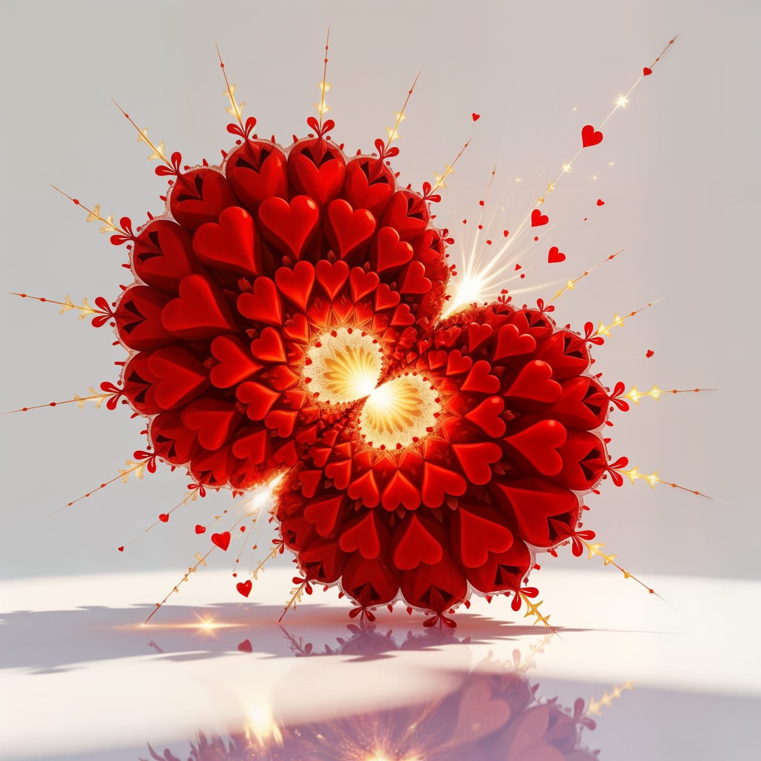 A majestic fractal with red hearts all over the place, Mandelbrot love with red and gold sparks 💖, sunlight passing through, white backgroun...