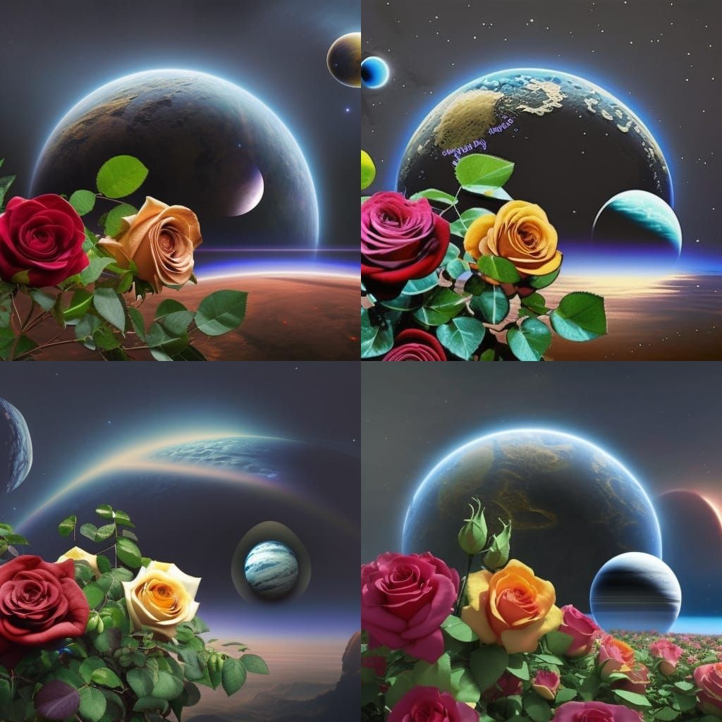 rose arrangement on planet in front of planetary and star scene - AI ...