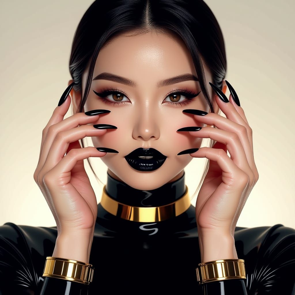 Ultra realistic Asian beauty with black latex outfit. She has long black nails, bare hands and big glossy lips. Her eyeliner is long and she...