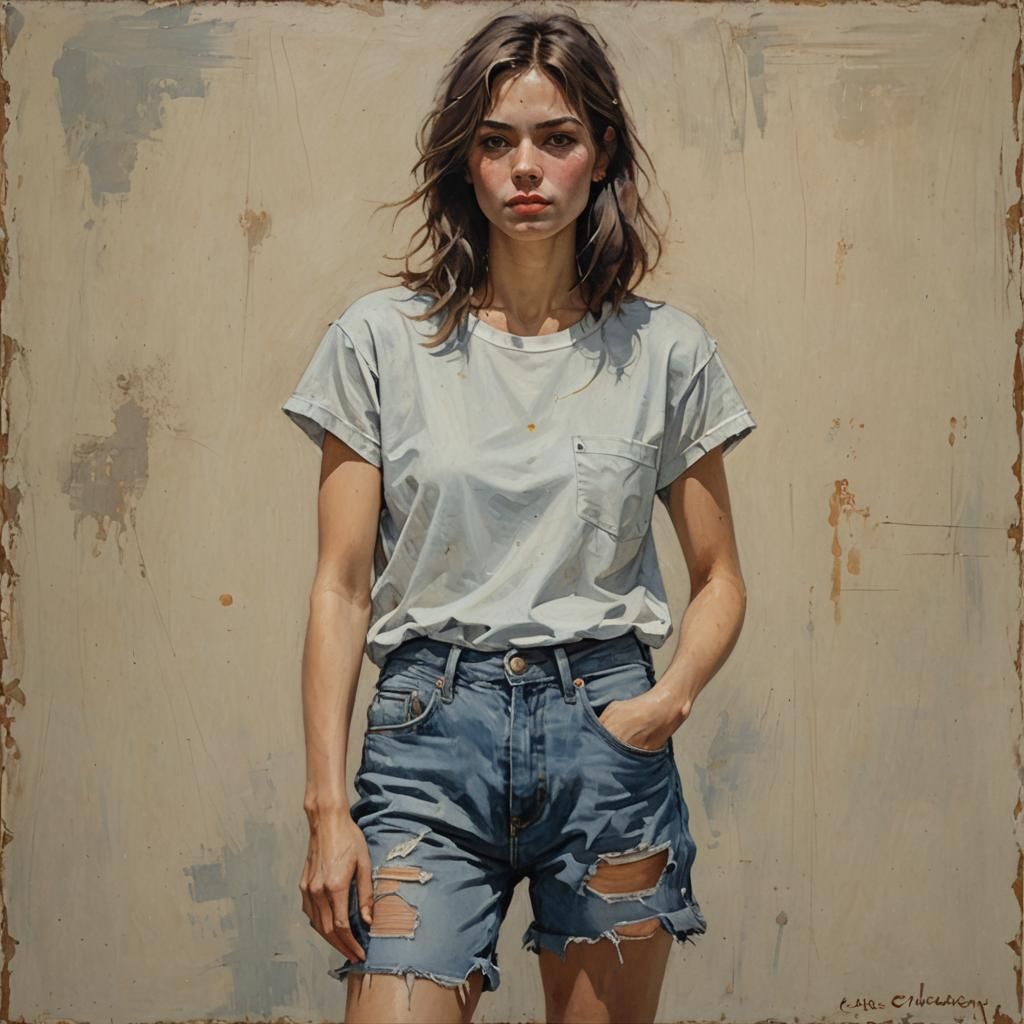 woman in a t shirt and cutoff jeans in style of pino daeri o...