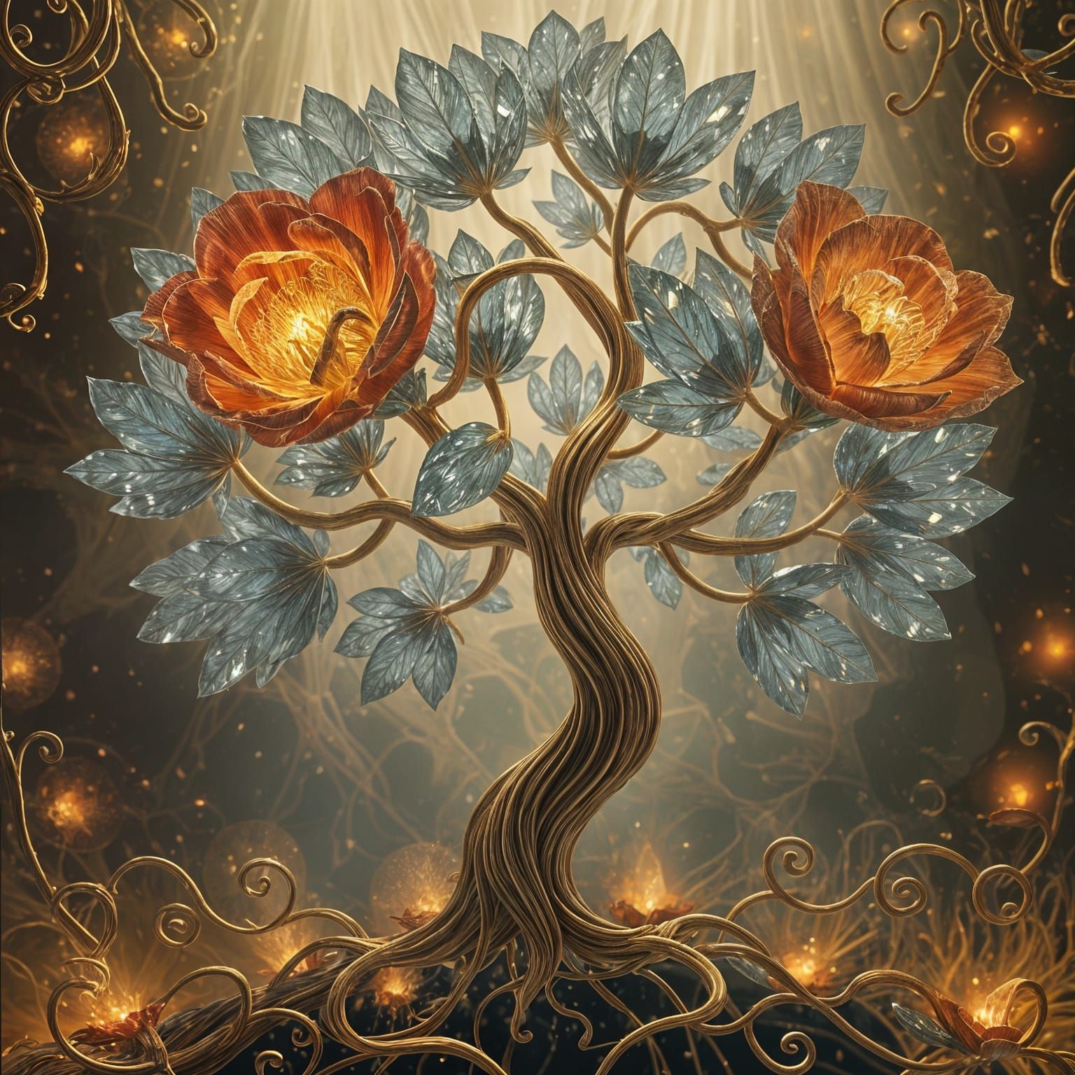 Tree with crystal leaves and fiery flowers   by @Unforgotten Utopia