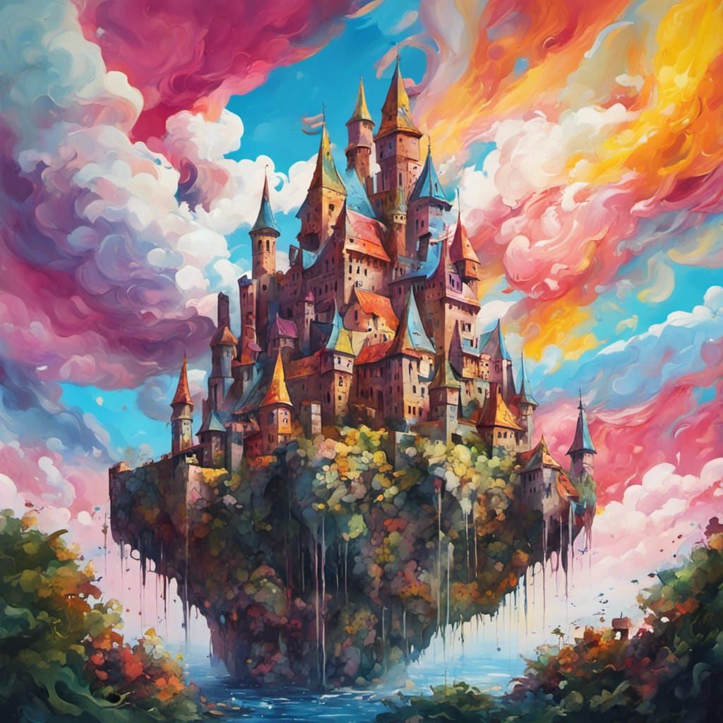 big fancy castle floating in the sky
