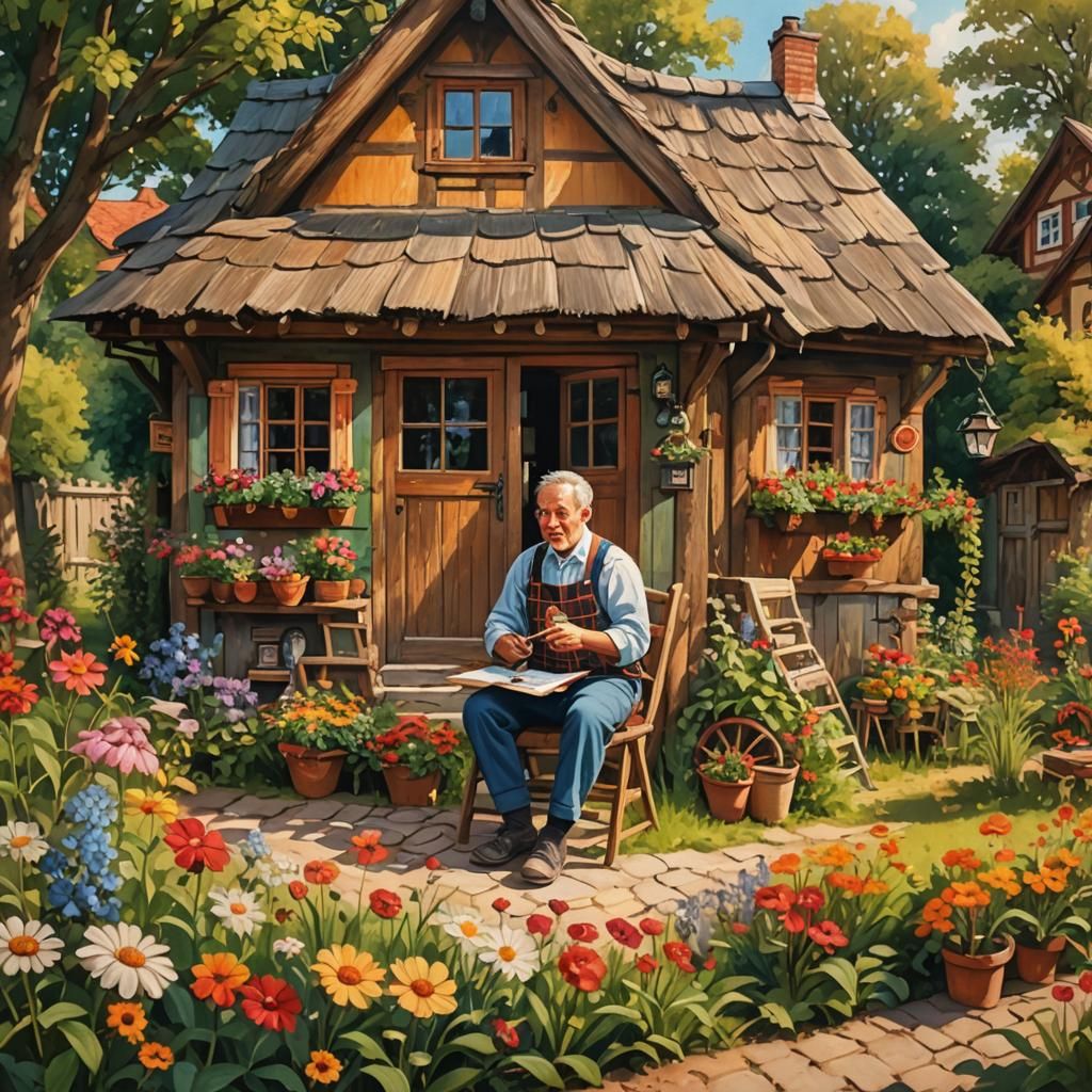 babcia robi na drutach sweter a dookoła chodzą pawie