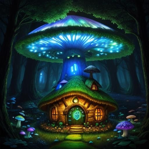 A fairy mushroom house in an enchanted bioluminescent forest...