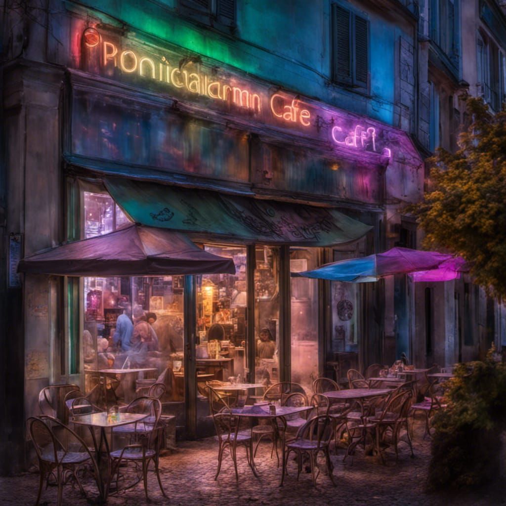 Transparent Opalescent vibrant cafe scene in provincial Fran...
