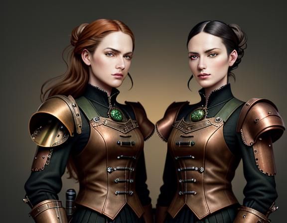 Two identical female twin sisters in identical uniforms, standing in a time machine. a masterpiece, 8k ...  by @Amanda