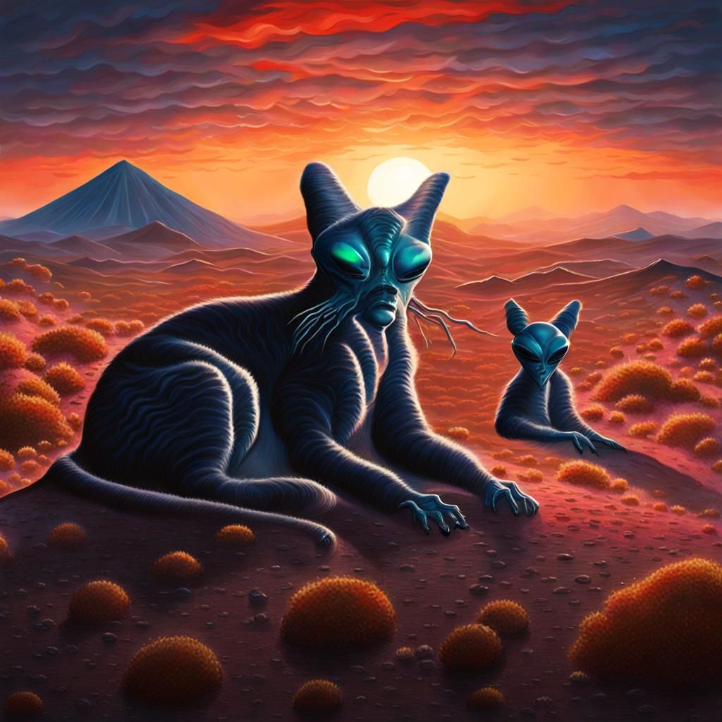Two alien wildcats looking at a sunset