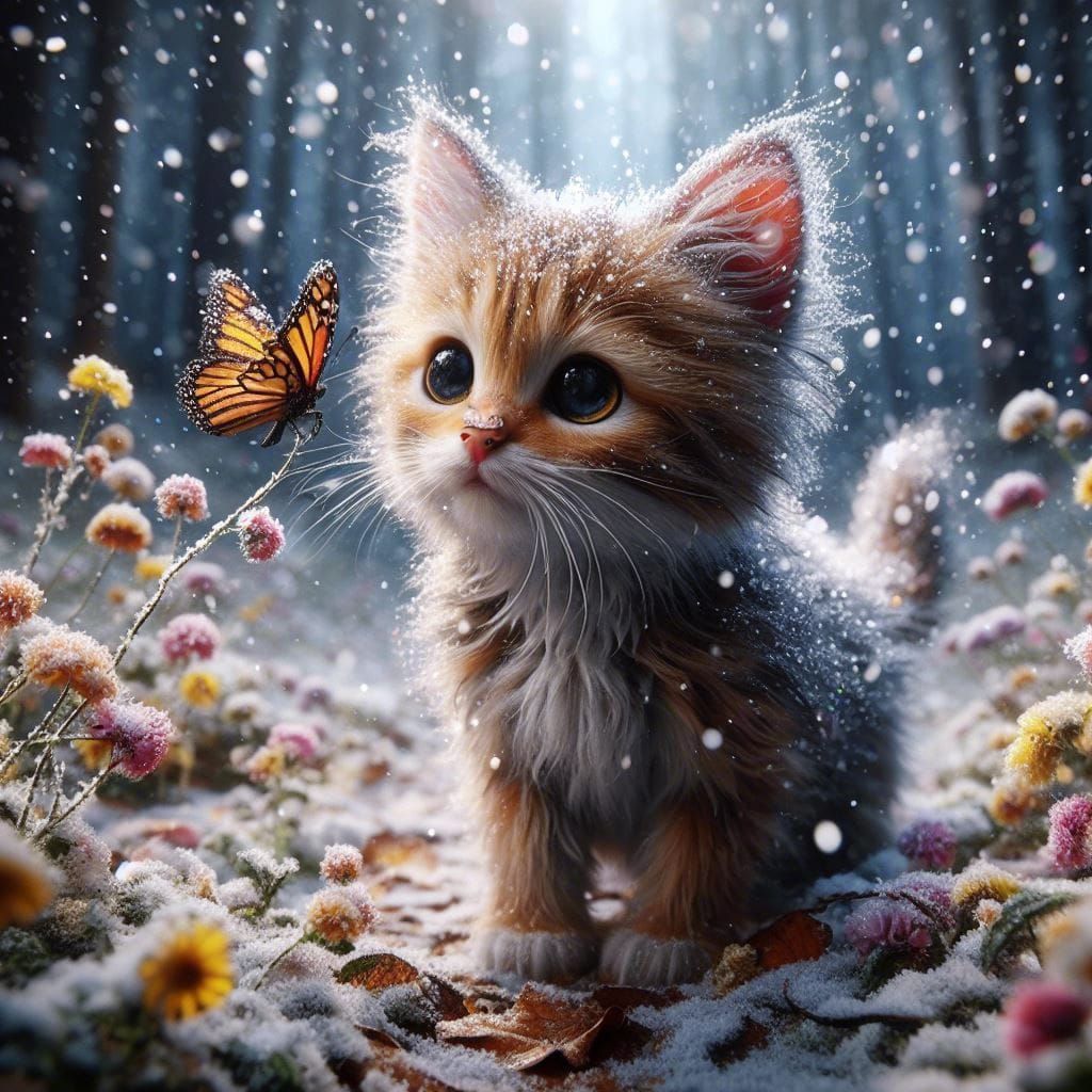 Kitten Discovering a Butterfly