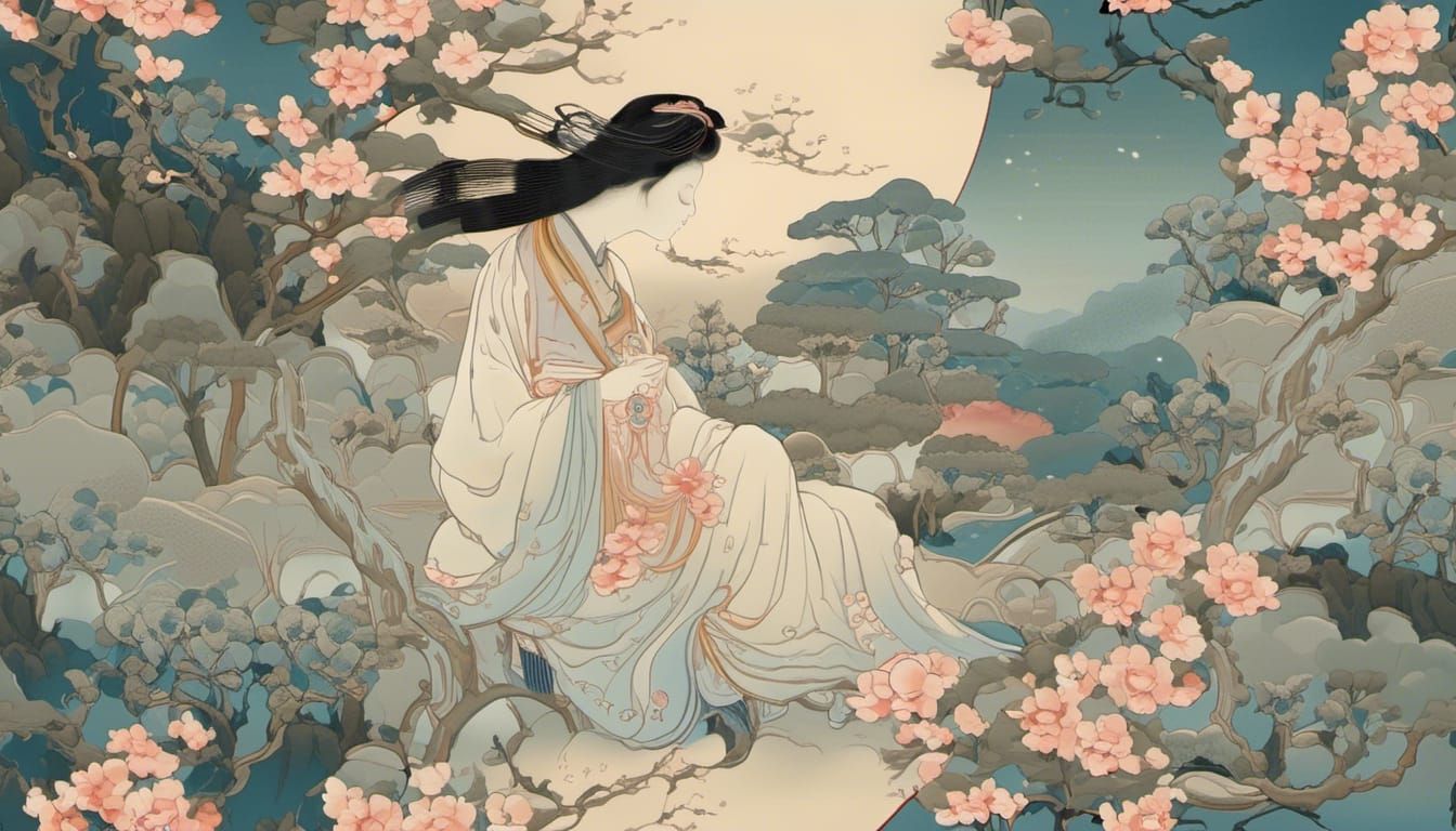 La belle shang shuin se promène le soir dans son jardin par un clair de lune, PictureChing Shu - Hua Sanchuan lithographie aux couleurs sur soie 1976_