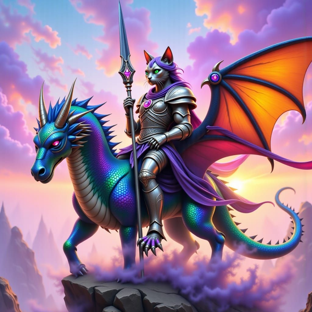 Heroic, humanoid cat warrior with feline features, dressed in ornate, silver-trimmed armor adorned with gemstones, riding a magnificent, win...